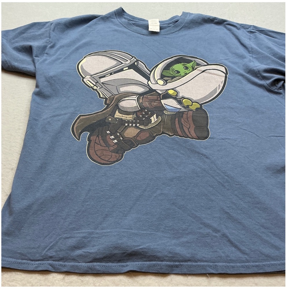 Gildan Star Wars Mandalorian Grogu Graphic T-Shirt Blue Size XL Casual Tee